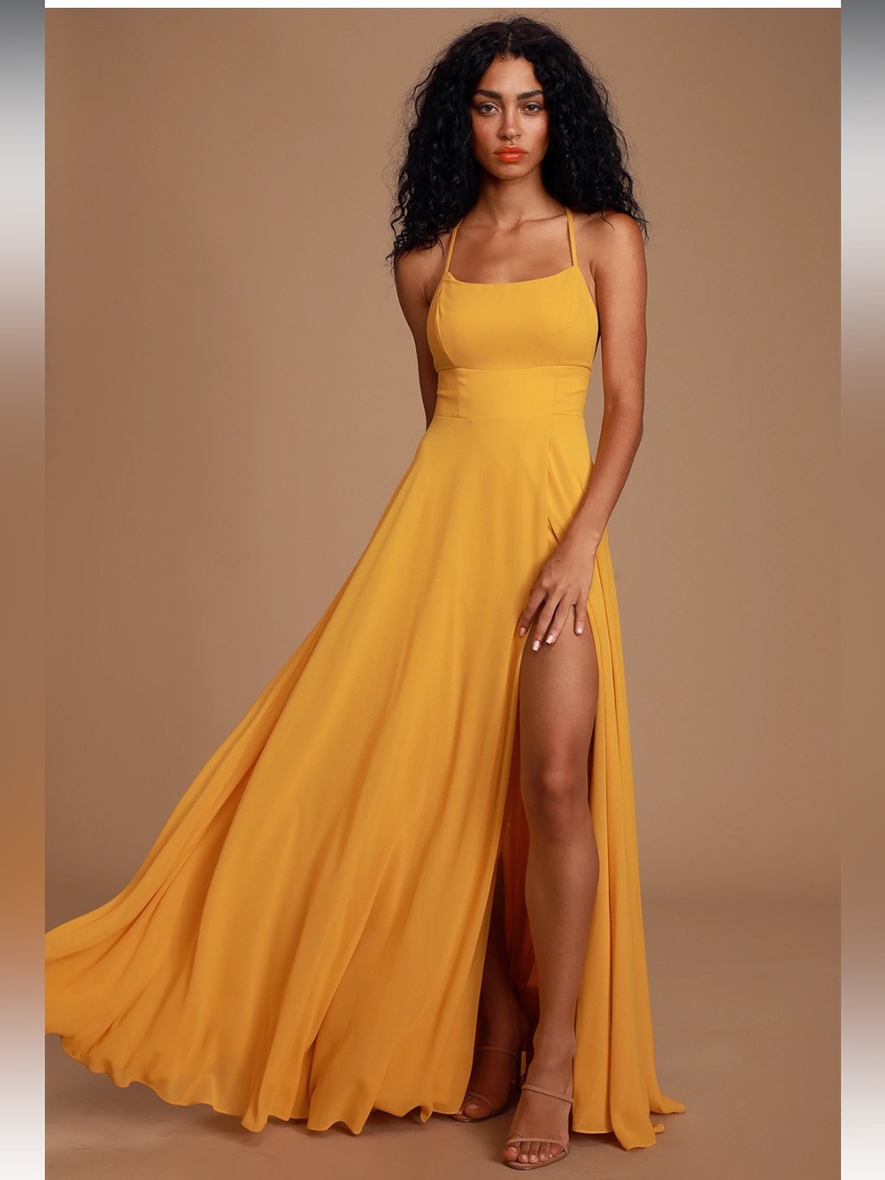 Lulus Maxi Dress Woman’s Dreamy Romance Mustard Yellow Backless Maxi Dress
